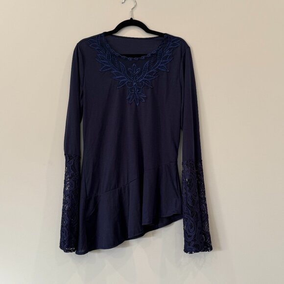 Embellished Navy Asymmetrical Tunic Lace Long Sleeves Size Large - Picture 1 of 5